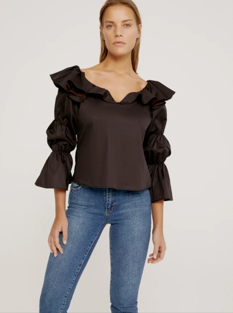 NWT Harshman Jura Black Ruffle Bell Sleeve Blouse Top Shirt Sz.L